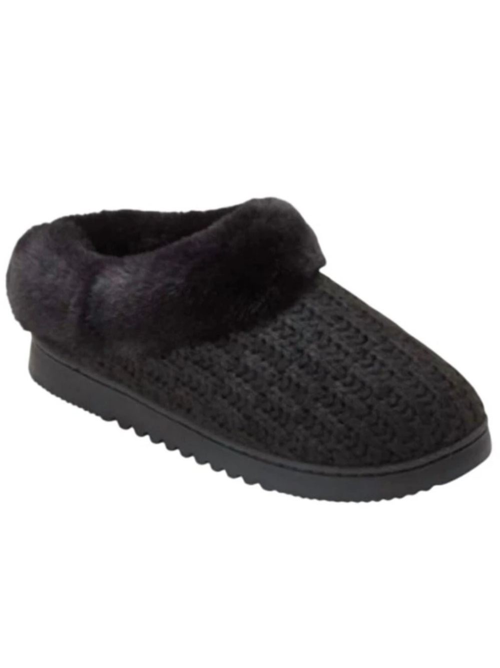 dearfoams Black Knit Faux-Fur Cuff Mule Slippers